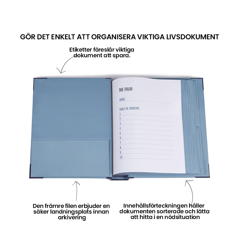 "Dekorativ blå pärm 'Ifall jag skulle försvinna' med elegant handgjord design och expanderbara kuvert, perfekt för organiseri