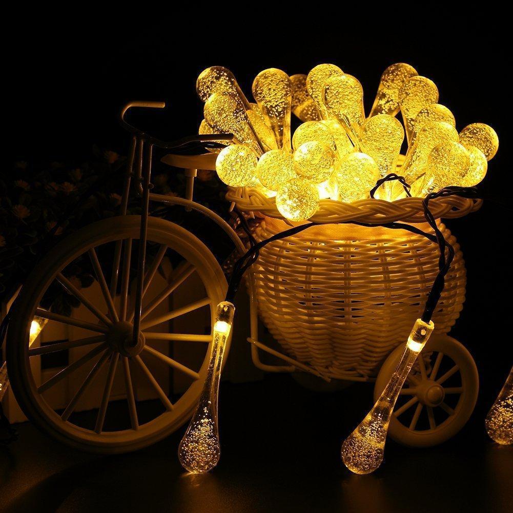"Dekorativa solenergi vattendroppe ljusslinga för utomhusbruk, varm vit och flerfärgad, 6 meter lång LED-belysning."