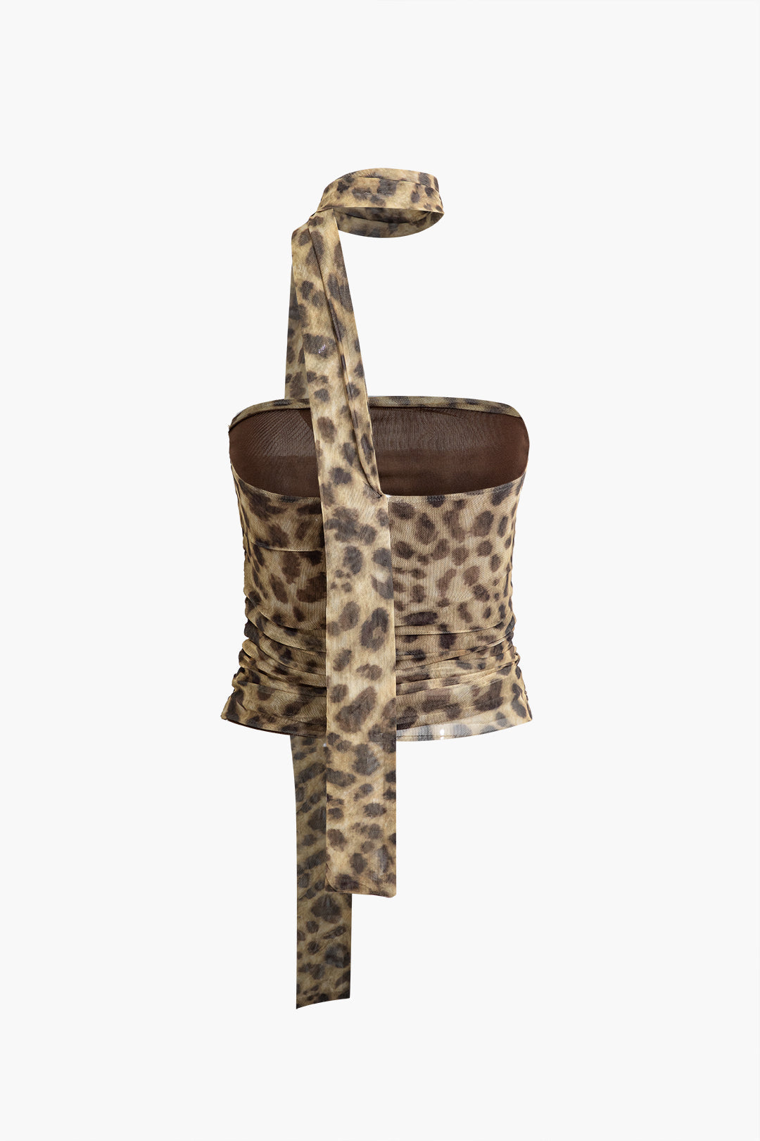 Bild av Kvinnors trendiga meshtopp med leopardtryck och halterneckdesign, idealisk för ledig stil och sommarkläder.