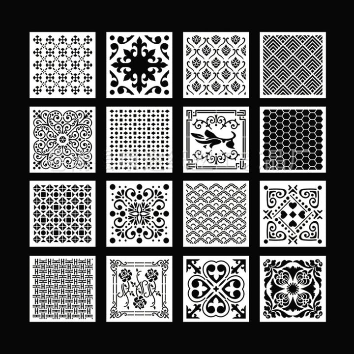 "Detaljerade stencilkonst mallar i vit genomskinlig PET-plast för kreativt skapande på papper, tyg och trä."