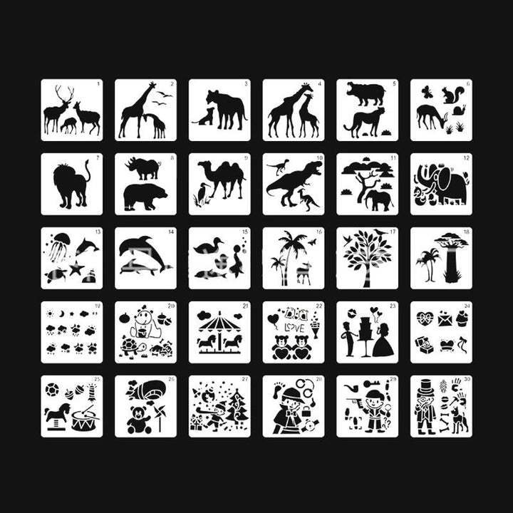 "Detaljerade stencilkonst mallar i vit genomskinlig PET-plast för kreativt skapande på papper, tyg och trä."
