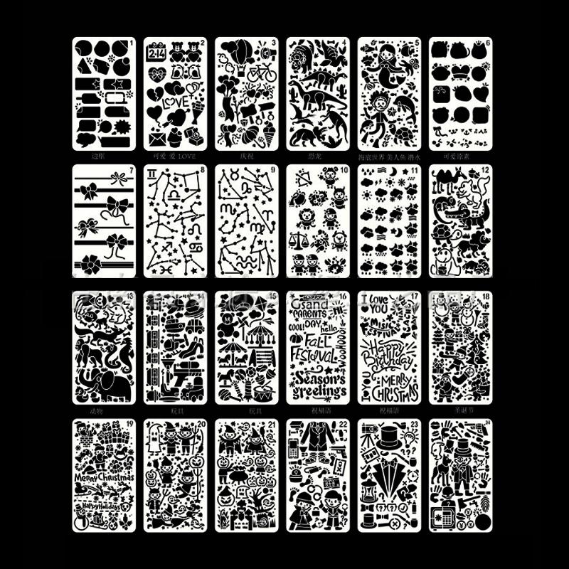 "Detaljerade stencilkonst mallar i vit genomskinlig PET-plast för kreativt skapande på papper, tyg och trä."