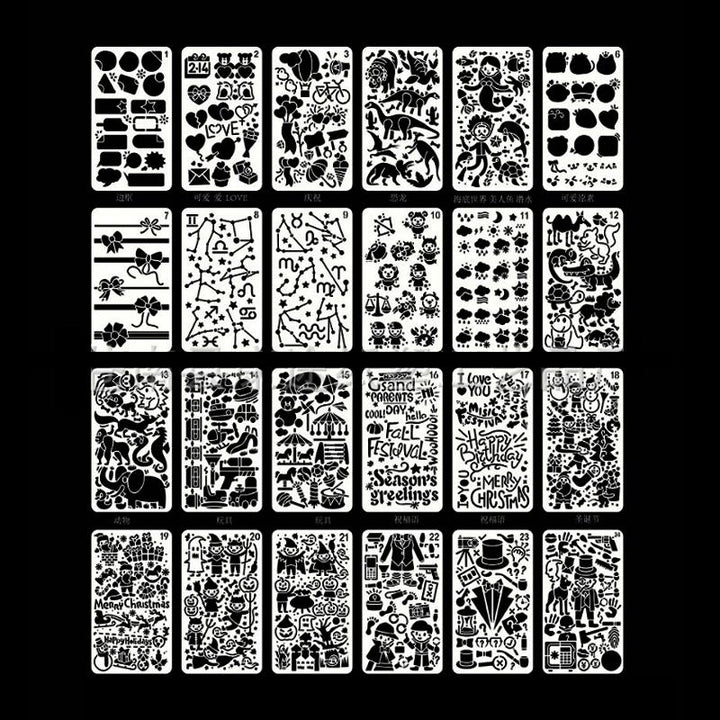 "Detaljerade stencilkonst mallar i vit genomskinlig PET-plast för kreativt skapande på papper, tyg och trä."
