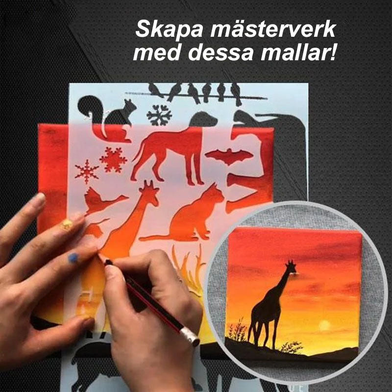 "Detaljerade stencilkonst mallar i vit genomskinlig PET-plast för kreativt skapande på papper, tyg och trä."