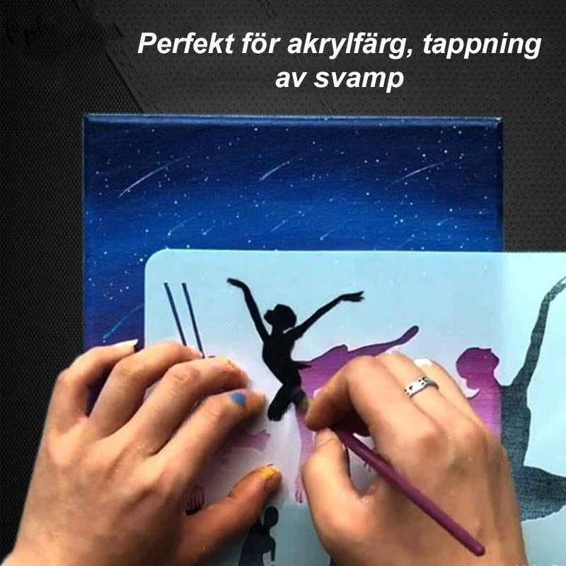 "Detaljerade stencilkonst mallar i vit genomskinlig PET-plast för kreativt skapande på papper, tyg och trä."