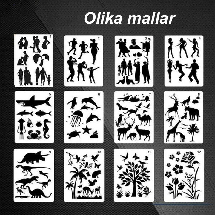 "Detaljerade stencilkonst mallar i vit genomskinlig PET-plast för kreativt skapande på papper, tyg och trä."