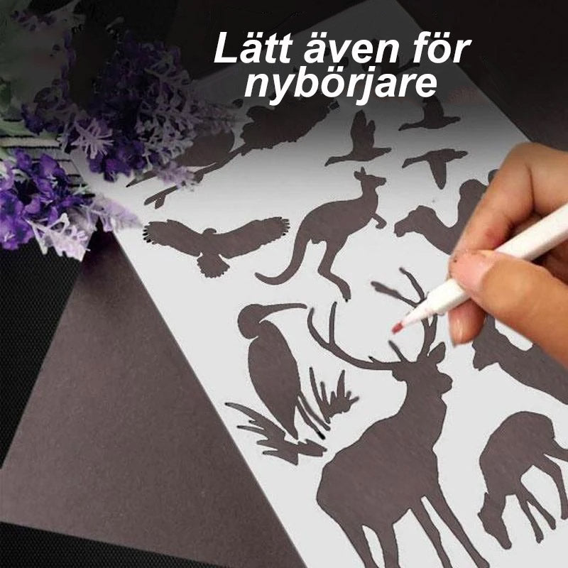 "Detaljerade stencilkonst mallar i vit genomskinlig PET-plast för kreativt skapande på papper, tyg och trä."