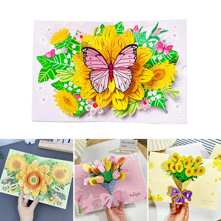 "Detaljerat 3D-handgjort blomsterkort på stativ, perfekt som present eller dekoration för alla tillfällen."