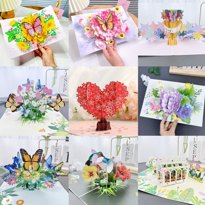"Detaljerat 3D-handgjort blomsterkort på stativ, perfekt som present eller dekoration för alla tillfällen."