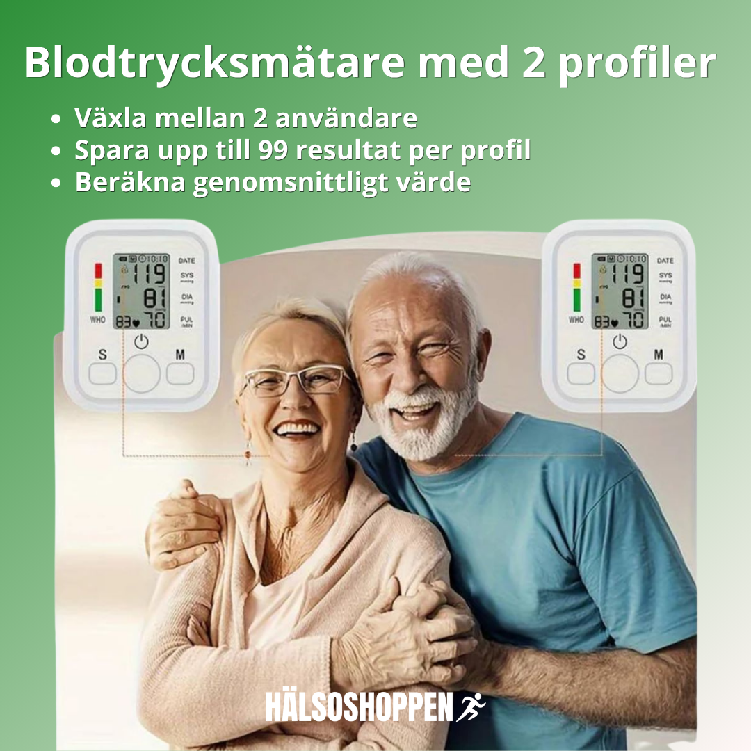 Tydlig digital blodtrycksmätare för armen, med stor display och enkel enknappsmanövrering för hemmabruk.
