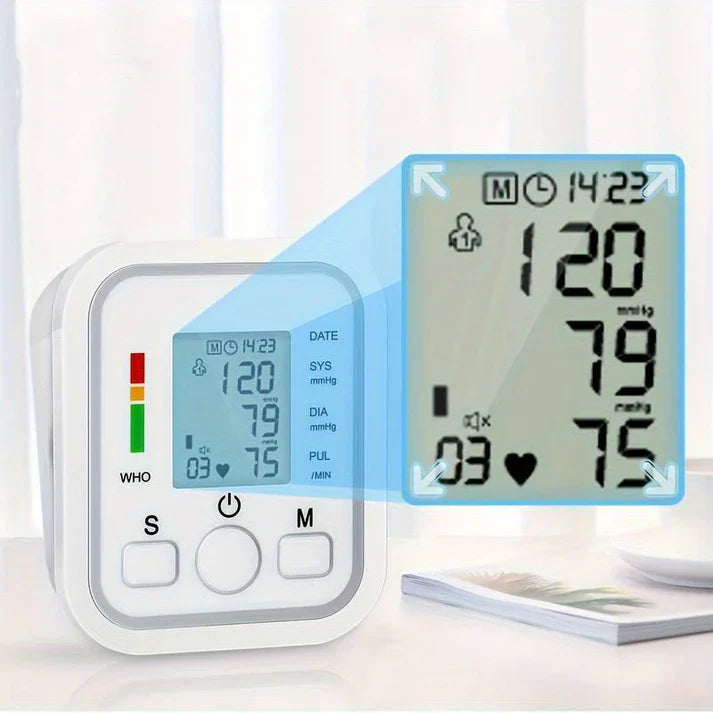 Kompakt digital blodtrycksmätare för effektiv hälsoövervakning hemma, spara data med smart minnesfunktion.