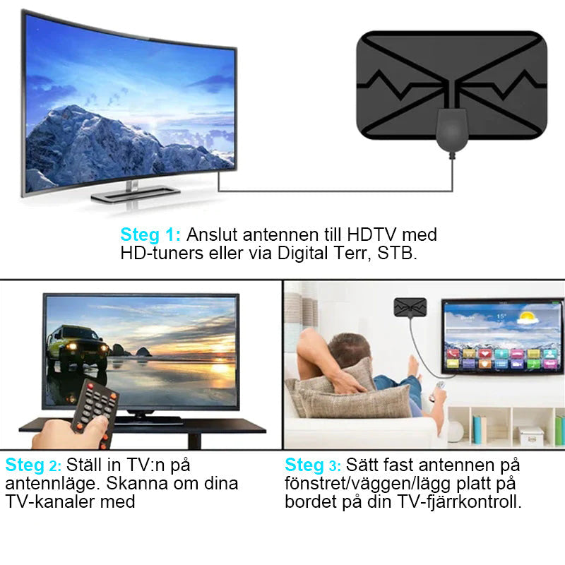 Digital HDTV-antenn 4K, kompakt svart design för kristallklar mottagning, enkel installation och placering vid TV:n eller fönstret.