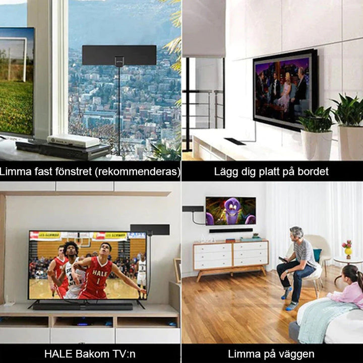 Digital HDTV-antenn 4K, kompakt svart design för kristallklar mottagning, enkel installation och placering vid TV:n eller fönstret.