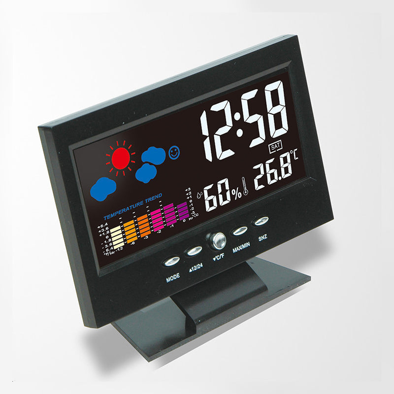Digital LED-klocka med temperatur och fuktighet, stilren design, tydlig LCD, idealisk för tid, väder och modern livsstil.