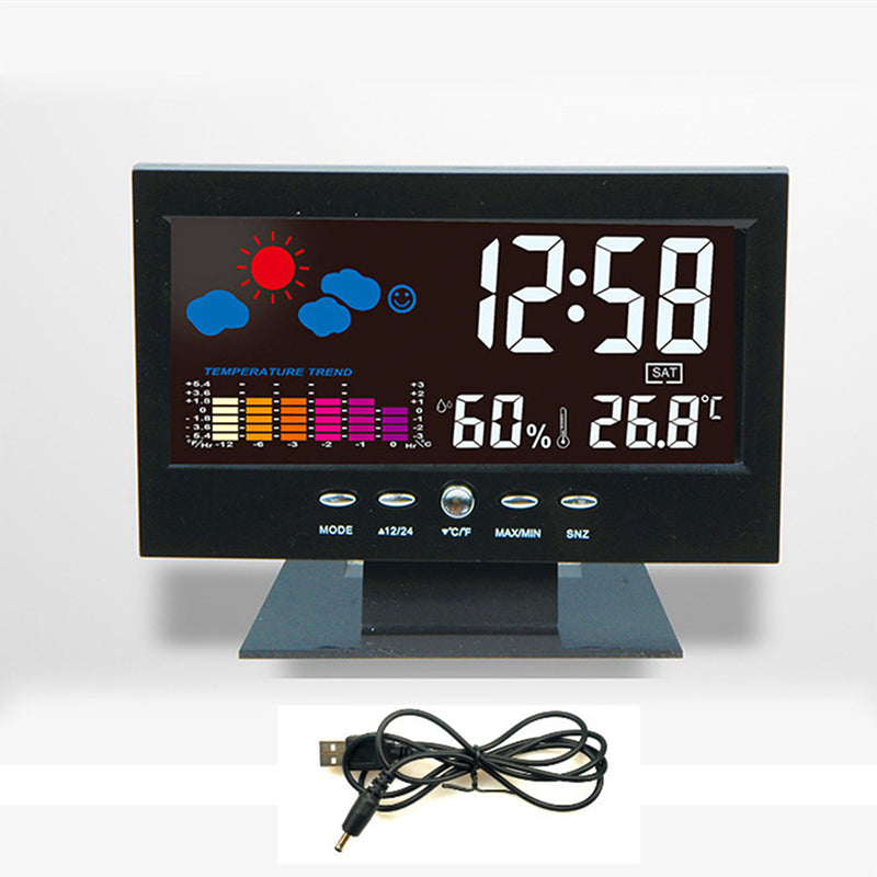 Digital LED-klocka med temperatur och fuktighet, stilren design, tydlig LCD, idealisk för tid, väder och modern livsstil.