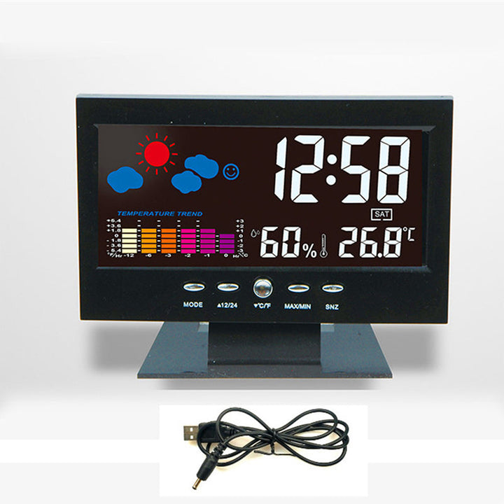 Digital LED-klocka med temperatur och fuktighet, stilren design, tydlig LCD, idealisk för tid, väder och modern livsstil.