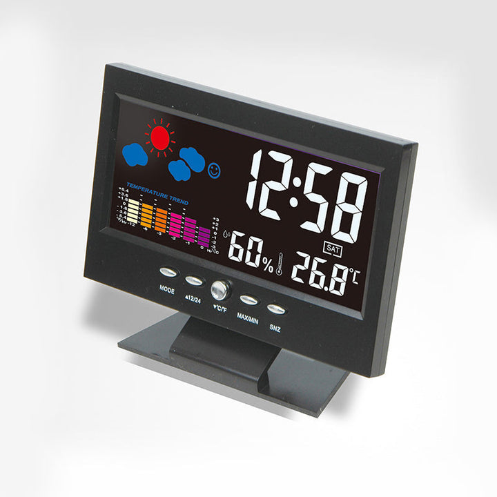 Digital LED-klocka med temperatur och fuktighet, stilren design, tydlig LCD, idealisk för tid, väder och modern livsstil.