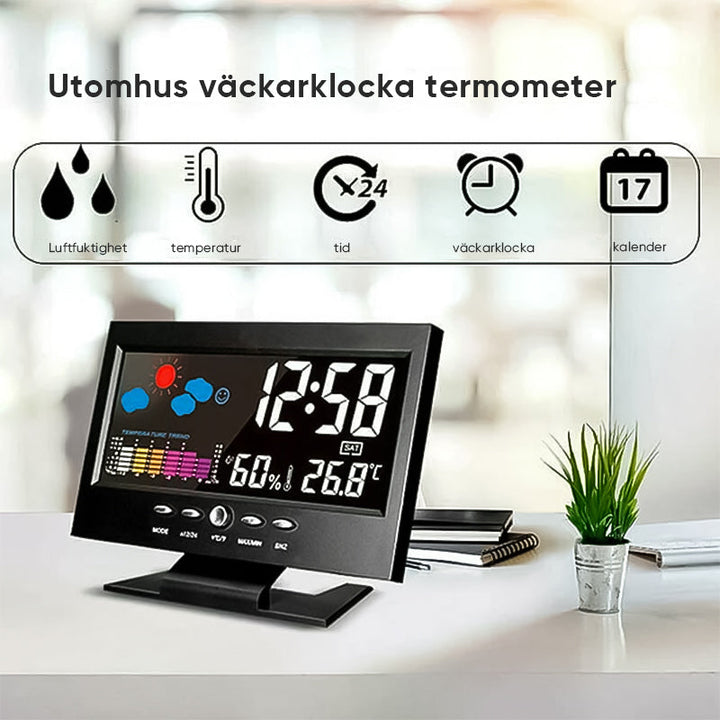 Digital LED-klocka med temperatur och fuktighet, stilren design, tydlig LCD, idealisk för tid, väder och modern livsstil.