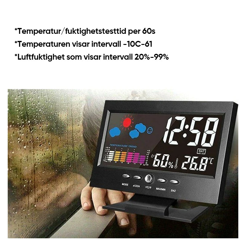 Digital LED-klocka med temperatur och fuktighet, stilren design, tydlig LCD, idealisk för tid, väder och modern livsstil.