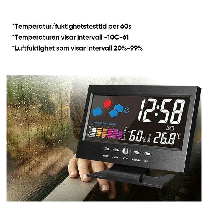 Digital LED-klocka med temperatur och fuktighet, stilren design, tydlig LCD, idealisk för tid, väder och modern livsstil.