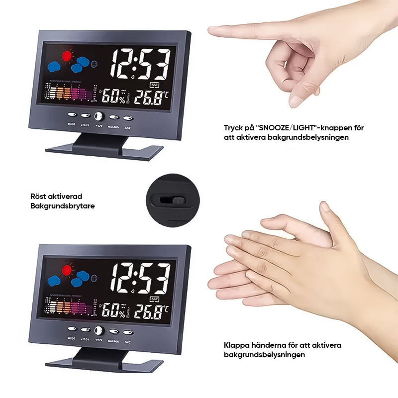 Digital LED-klocka med temperatur och fuktighet, stilren design, tydlig LCD, idealisk för tid, väder och modern livsstil.