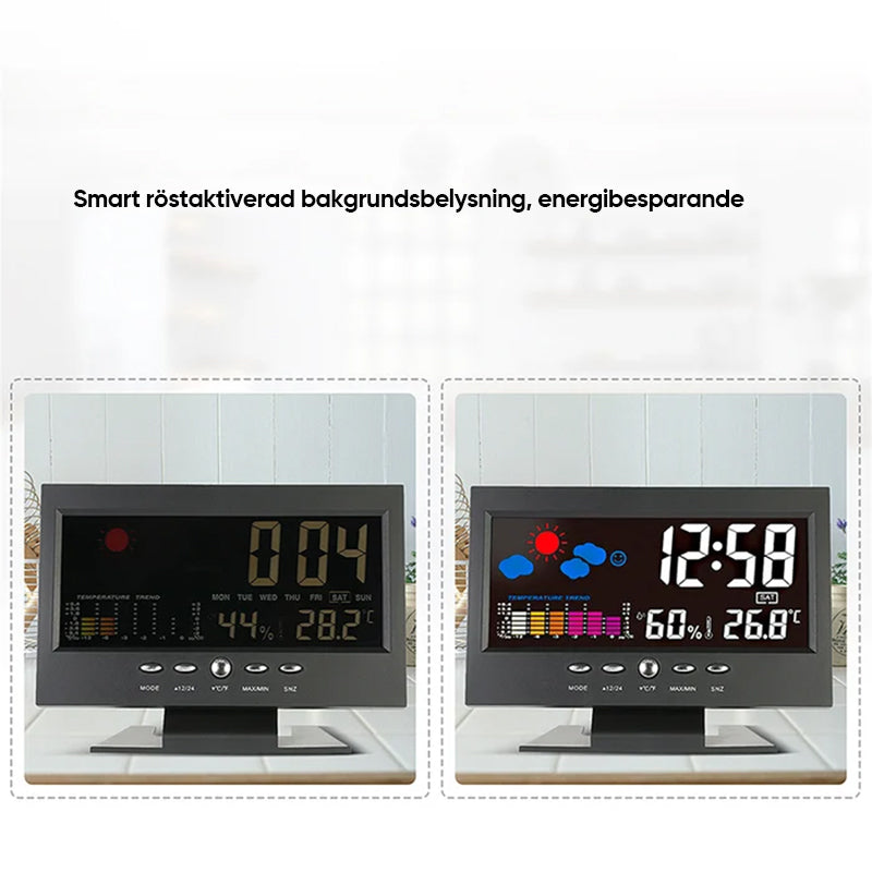 Digital LED-klocka med temperatur och fuktighet, stilren design, tydlig LCD, idealisk för tid, väder och modern livsstil.