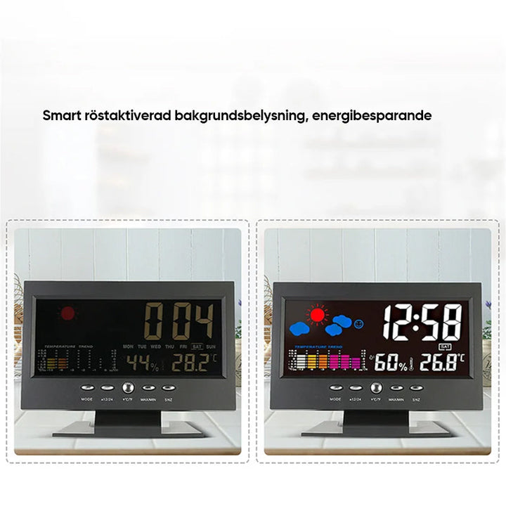 Digital LED-klocka med temperatur och fuktighet, stilren design, tydlig LCD, idealisk för tid, väder och modern livsstil.