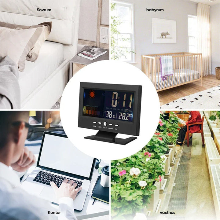 Digital LED-klocka med temperatur och fuktighet, stilren design, tydlig LCD, idealisk för tid, väder och modern livsstil.