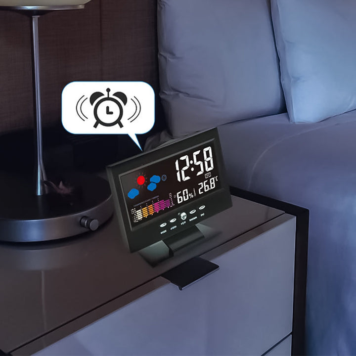 Digital LED-klocka med temperatur och fuktighet, stilren design, tydlig LCD, idealisk för tid, väder och modern livsstil.