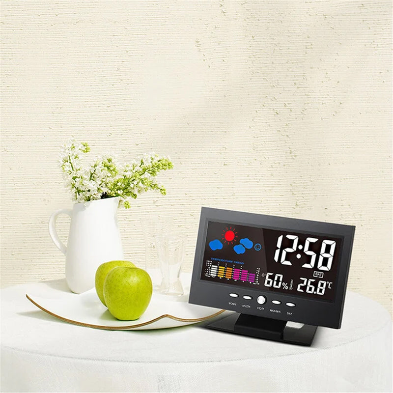 Digital LED-klocka med temperatur och fuktighet, stilren design, tydlig LCD, idealisk för tid, väder och modern livsstil.