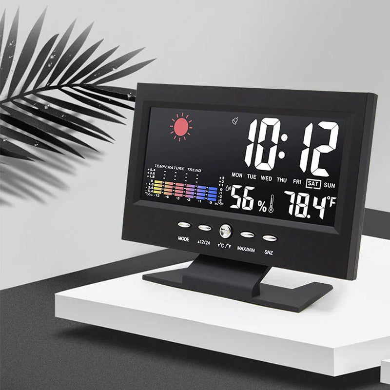 Digital LED-klocka med temperatur och fuktighet, stilren design, tydlig LCD, idealisk för tid, väder och modern livsstil.
