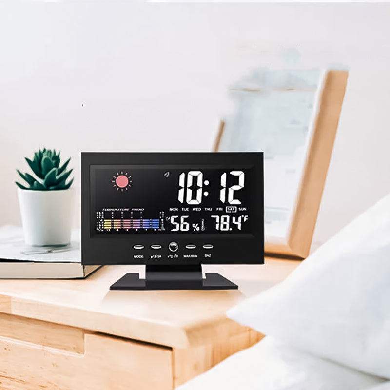 Digital LED-klocka med temperatur och fuktighet, stilren design, tydlig LCD, idealisk för tid, väder och modern livsstil.