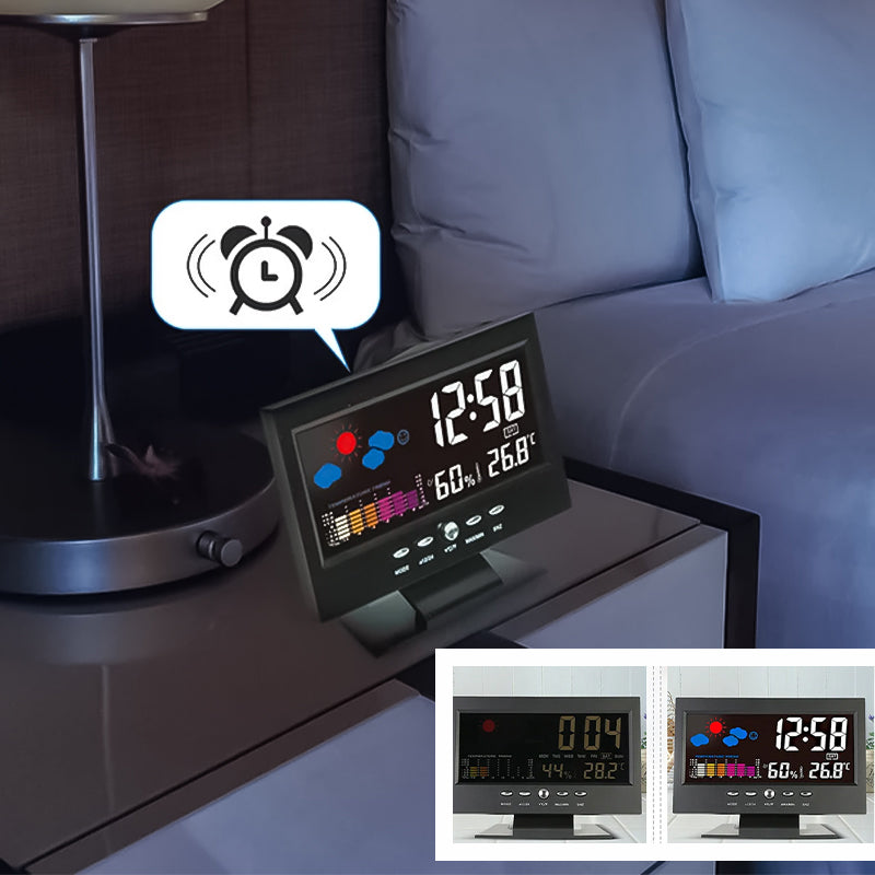 Digital LED-klocka med temperatur och fuktighet, stilren design, tydlig LCD, idealisk för tid, väder och modern livsstil.