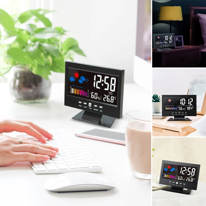 Digital LED-klocka med temperatur och fuktighet, stilren design, tydlig LCD, idealisk för tid, väder och modern livsstil.