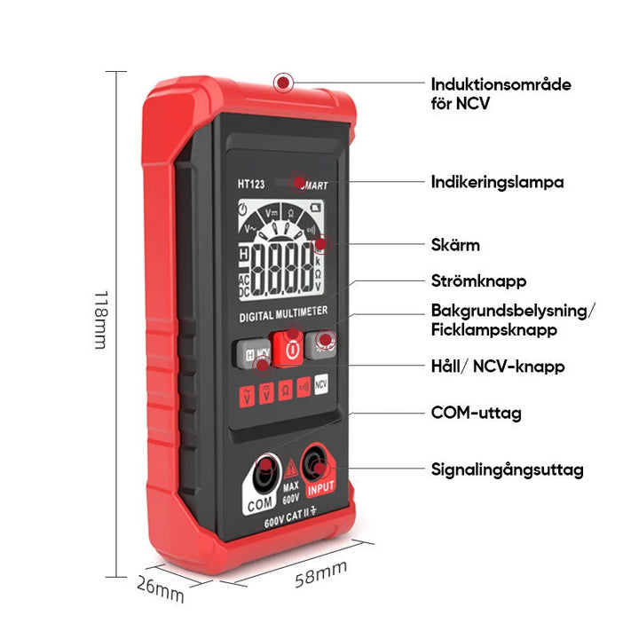 "Digital multimeter för elektrisk mätning, med smart autoläge, stor display och robust design för exakta och snabba resultat.