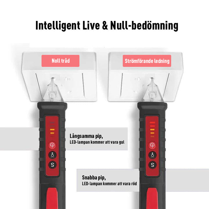 "Digital spänningsmätare med NCV, LCD skärm, kompakt design och visuell signal; mäter hög/låg spänning säkert."