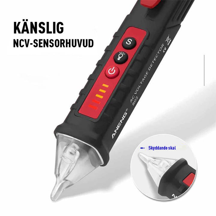 "Digital spänningsmätare med NCV, LCD skärm, kompakt design och visuell signal; mäter hög/låg spänning säkert."