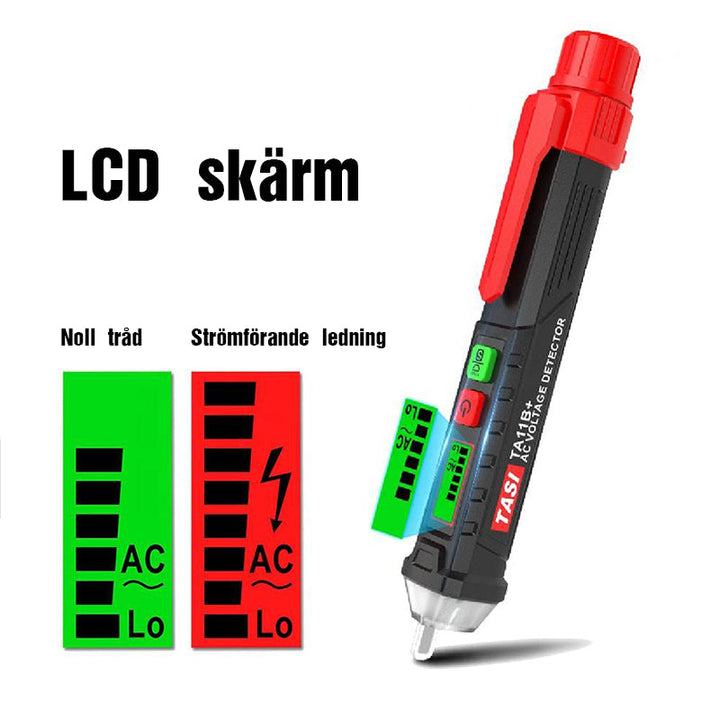 "Digital spänningsmätare med NCV, LCD skärm, kompakt design och visuell signal; mäter hög/låg spänning säkert."