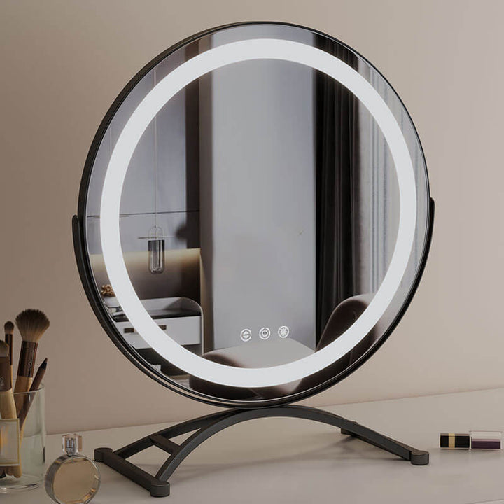 Premium dimbar LED sminkspegel med touchkontroll, 360° rotation & 3 ljuslägen för badrum.