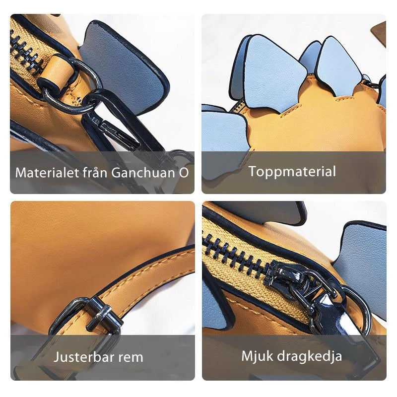 "Dinosaur handväska för damer med justerbar axelrem, lekfull design i PU-läder, från sidan med unik stil."