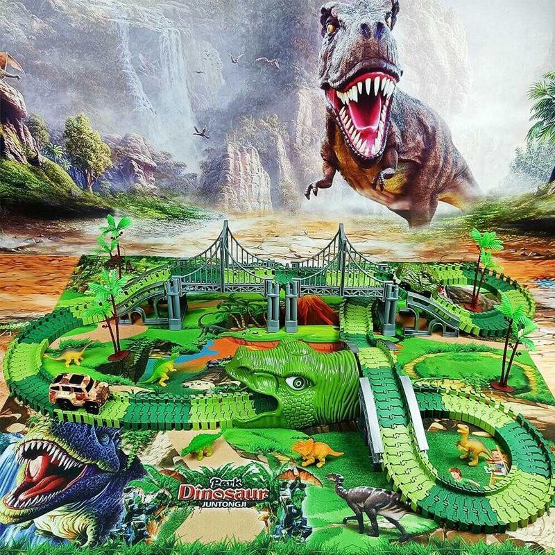 "Dinosaurie Loppbana för barn med snurrande spår och LED bilstöd, färgglad bana stimulerar kreativitet och motorik."