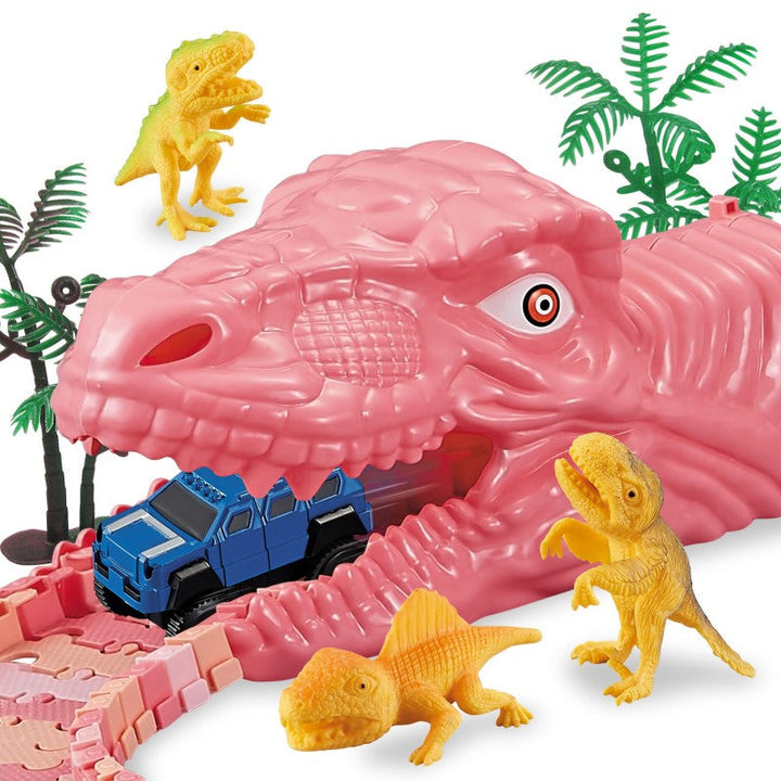"Dinosaurie Loppbana för barn med snurrande spår och LED bilstöd, färgglad bana stimulerar kreativitet och motorik."