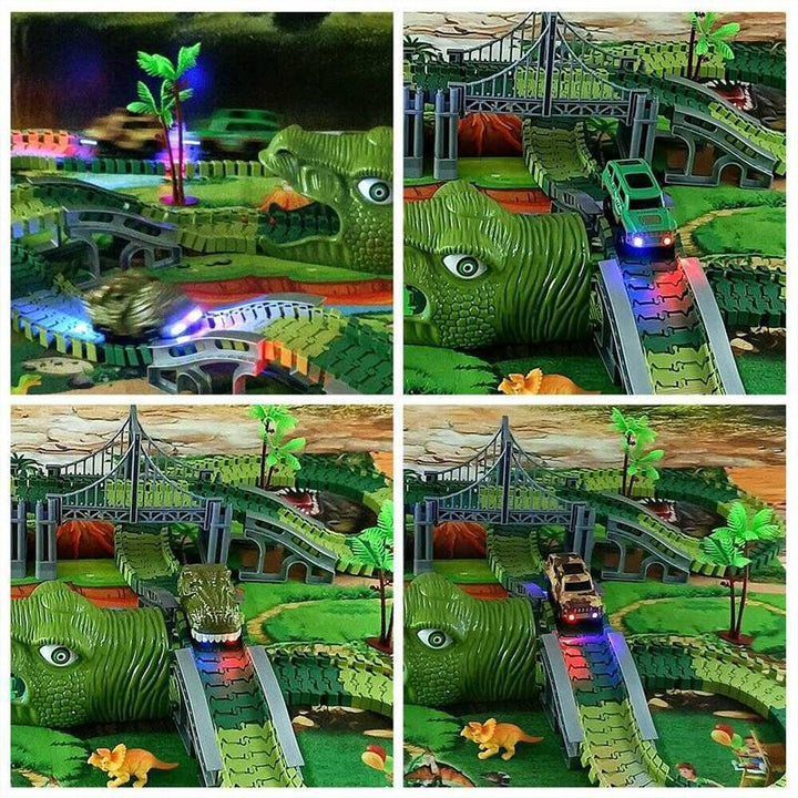 "Dinosaurie Loppbana för barn med snurrande spår och LED bilstöd, färgglad bana stimulerar kreativitet och motorik."