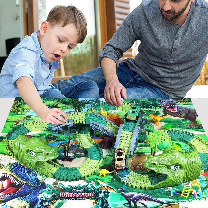 "Dinosaurie Loppbana för barn med snurrande spår och LED bilstöd, färgglad bana stimulerar kreativitet och motorik."