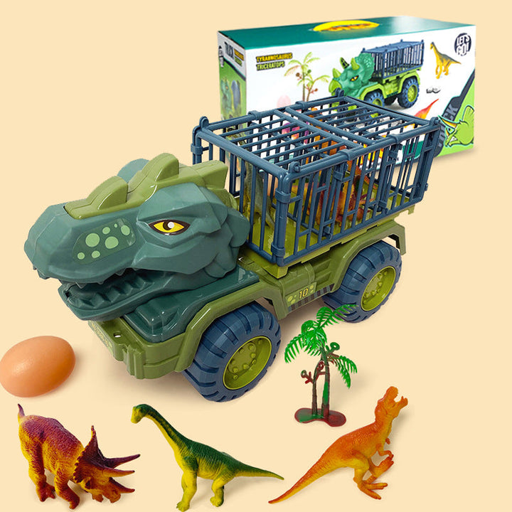 "Dinosaurie transport lastbil lekset för barn med stort T-Rex-huvud, öppningsbar bur och friktionsdrivna bilar."