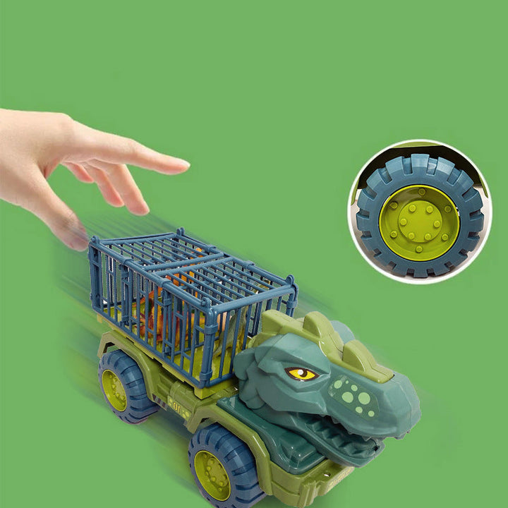 "Dinosaurie transport lastbil lekset för barn med stort T-Rex-huvud, öppningsbar bur och friktionsdrivna bilar."