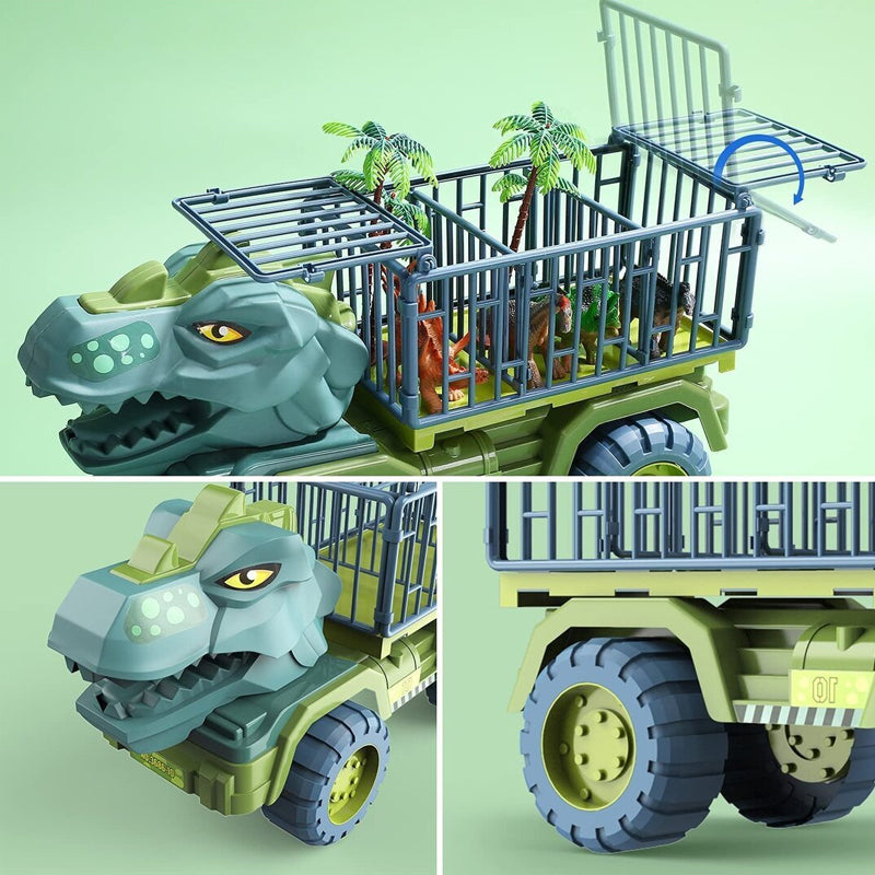 "Dinosaurie transport lastbil lekset för barn med stort T-Rex-huvud, öppningsbar bur och friktionsdrivna bilar."