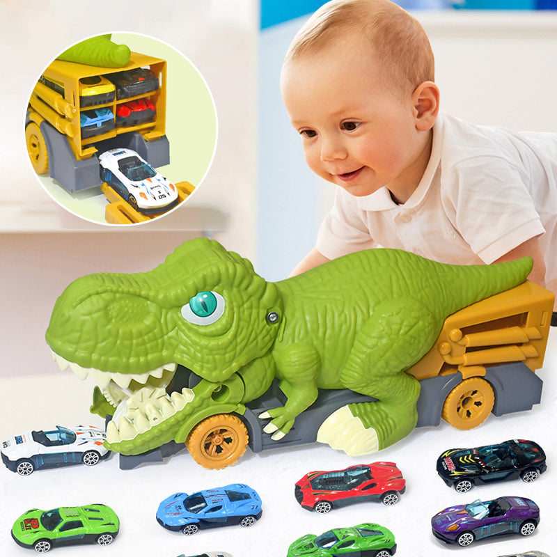 "Dinosaurielastbil med leksaksbilar, levande textur, svältfunktion för barn från 3 år, perfekt lärande genom lek."