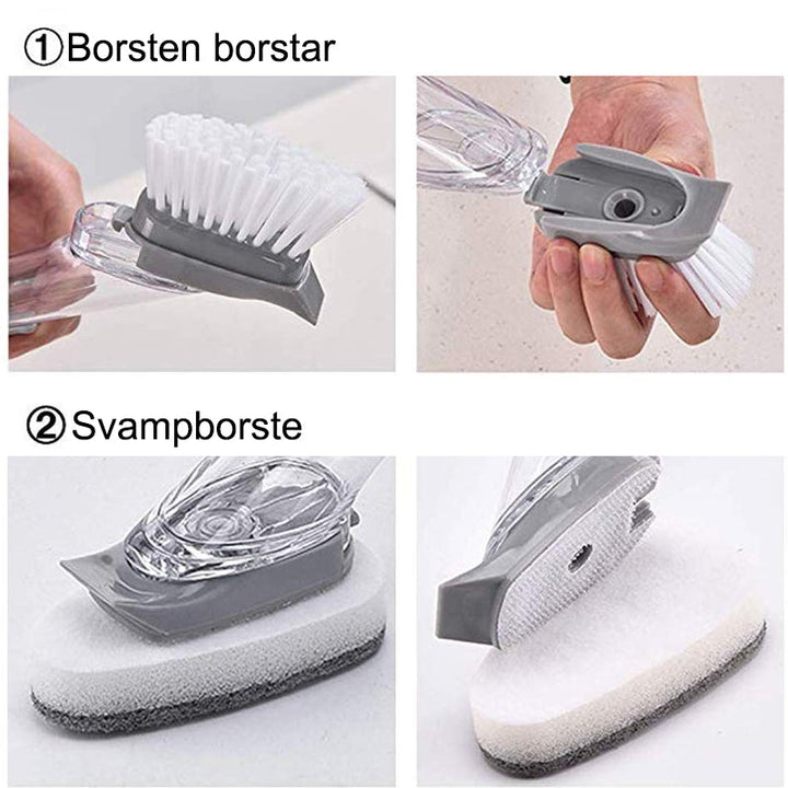 Diskborste med svamp och transparent diskmedelsbehållare, antibakteriell design för effektiv köksrengöring.