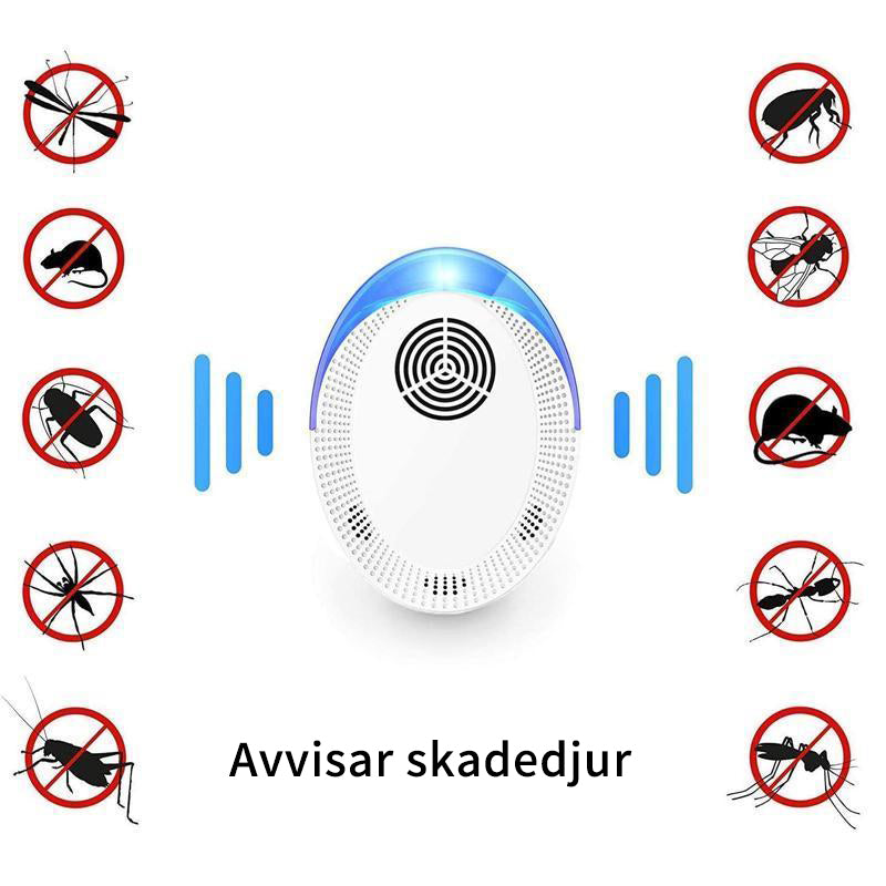 "Diskret elektroniskt ultraljud skadedjursavskräckare för effektivt hemmaskydd, modern design, vit med blå LED-lampa."
